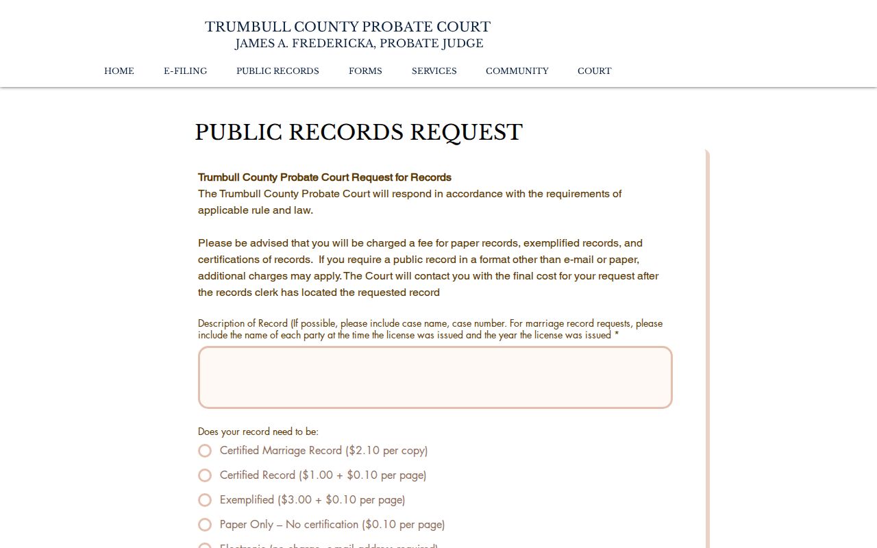 Warren residents directory view of the Trumbull Probate public records request