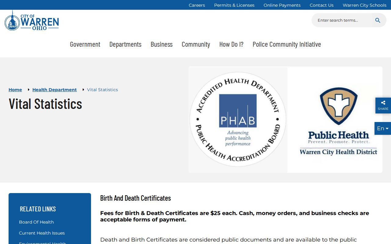 Warren residents directory view of Warren City Health District vital statistics