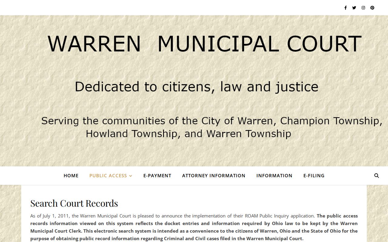 Warren residents directory view of Warren Municipal Court public search