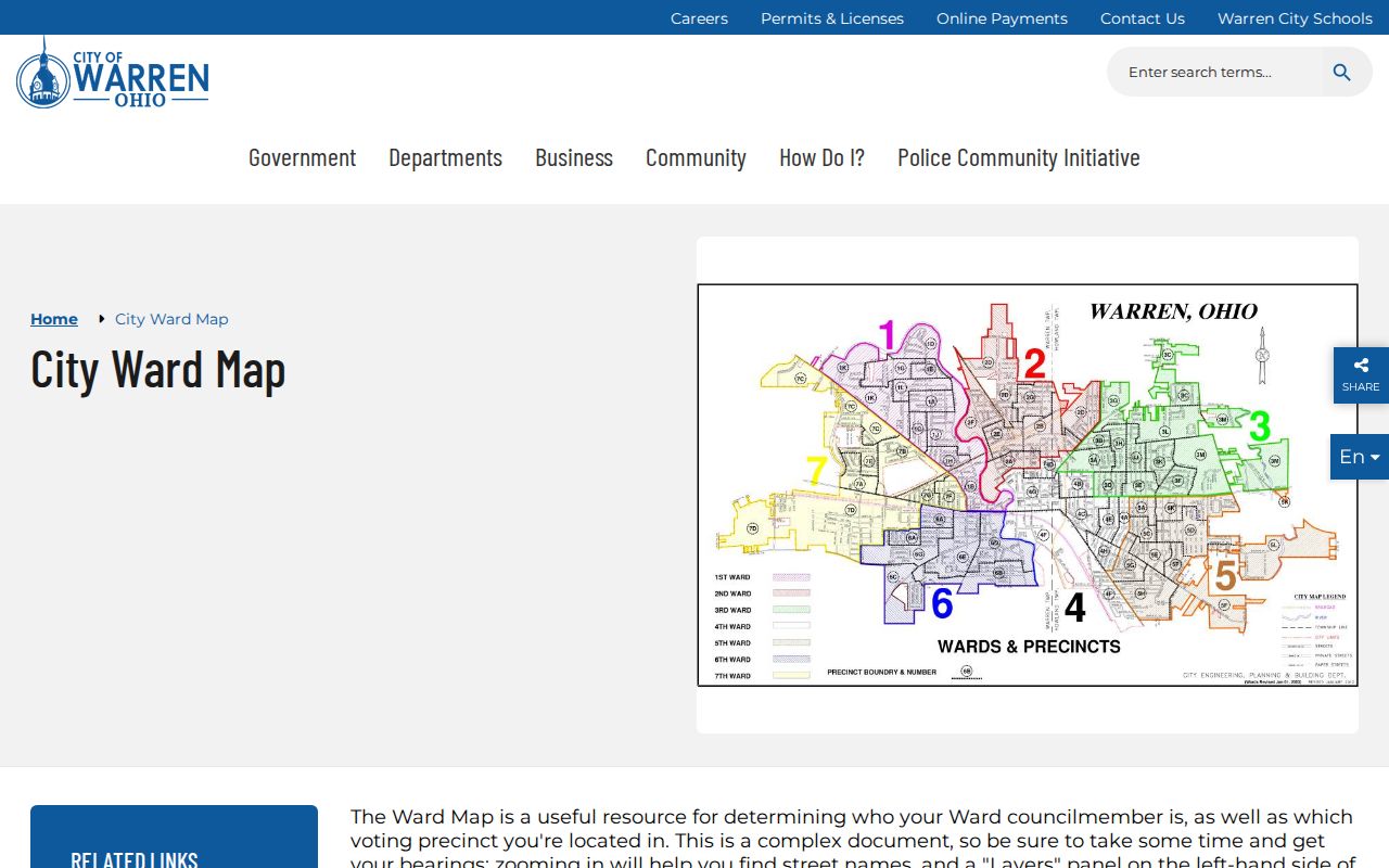 Warren ZIP code directory view of the Warren city ward map